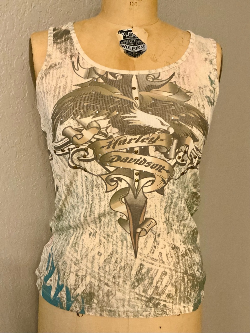 Harley Davidson 1903 Eagle Sword graphic tank with rhinestones and brass studs